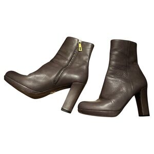 Prada Gray Leather Heeled Ankle Boots